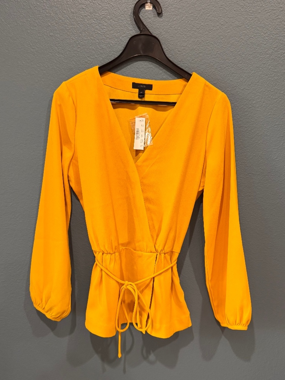 NWT J.Crew Women's Size 4 Tall Long Sleeve Wrap Blouse, Tie Waist, Bright Yellow